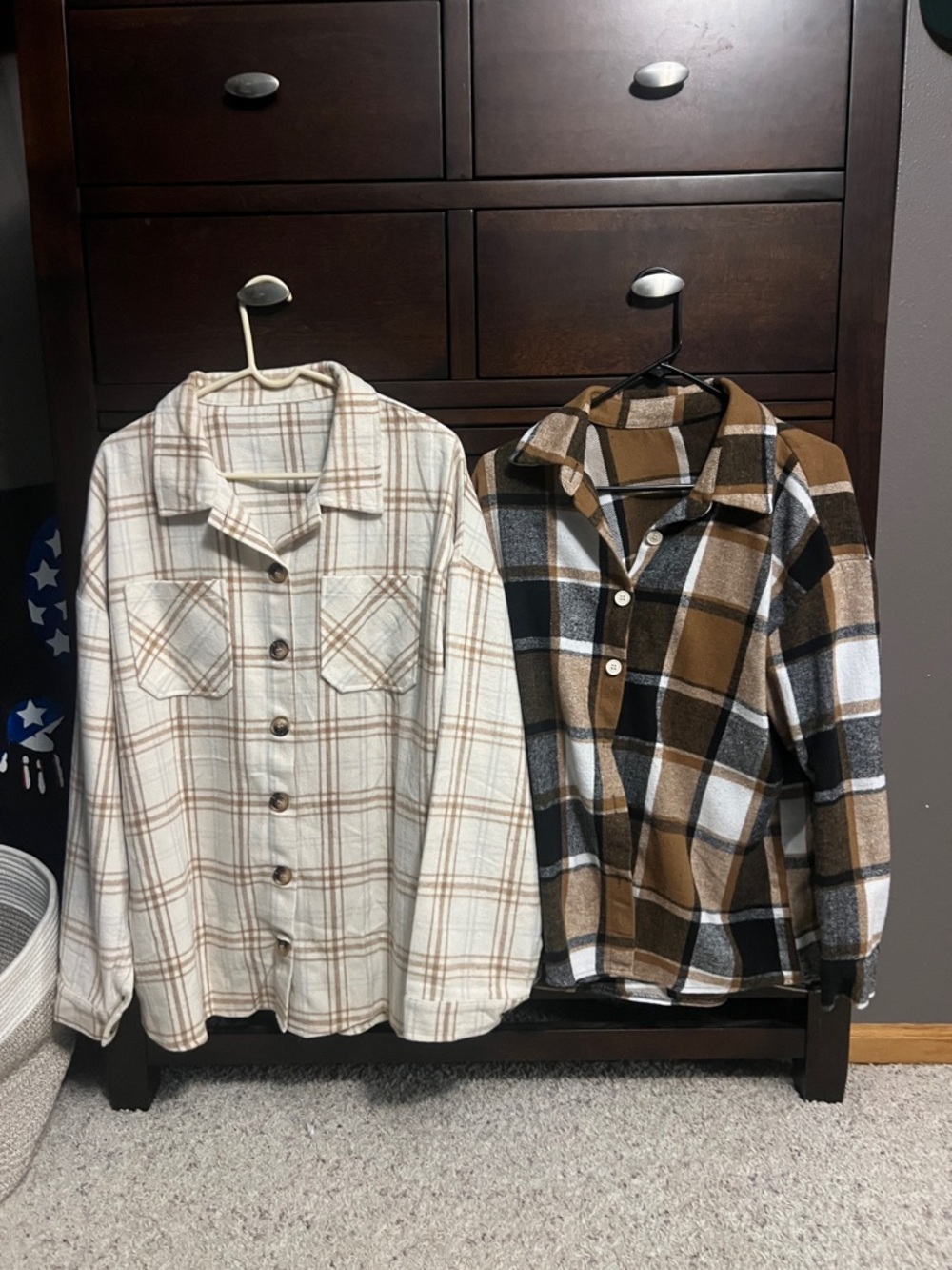 Buckle Plaid Button-Up Shacket Duo in Cream & Brown
